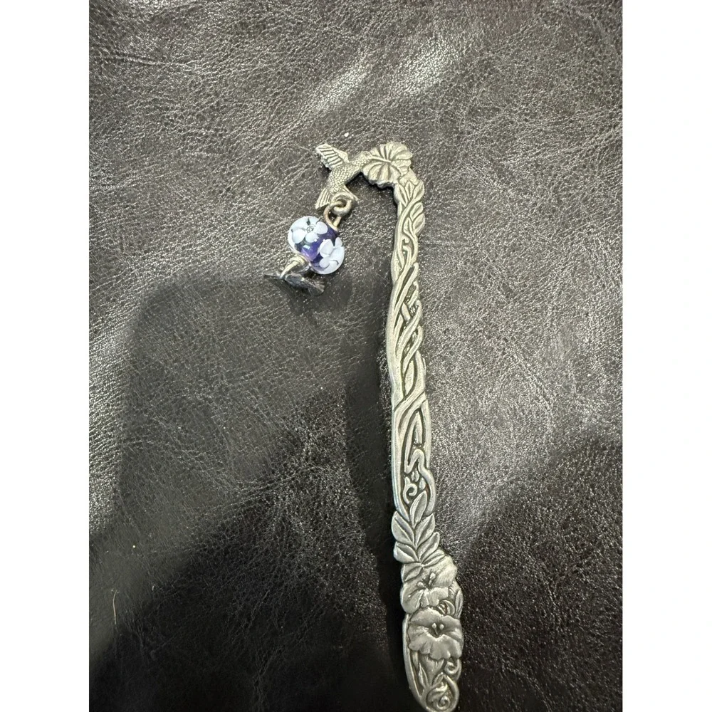 Ornate Metal Bookmark Hummingbird Flower Charm Blue‎ Bead Reading Gift